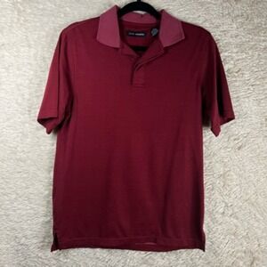 John Henry Mens Polo Shirt Red Striped Short Sleeves Buttons Collar Side Slits S
